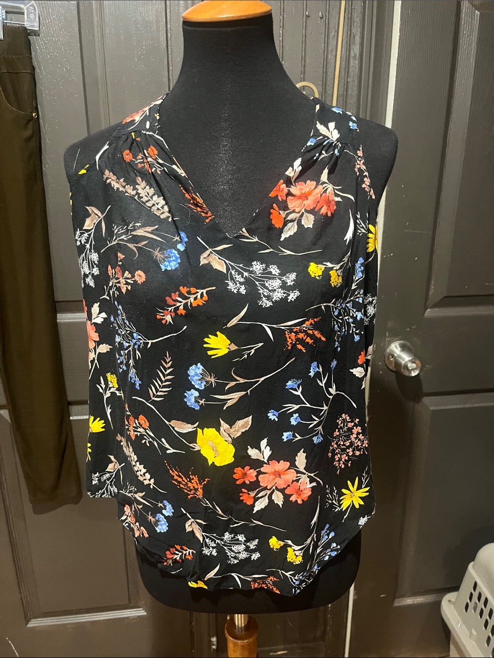 Old Navy Black Floral Cowl Neck Camisole with Yellow, Coral & Blue Accents